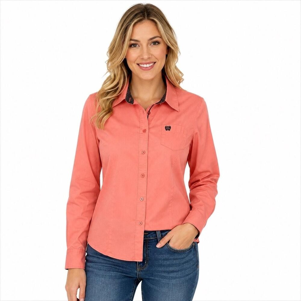 Cinch Shirt Womens Medium Pink Collared Button Front Long Sleeve Top